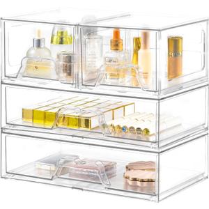 4 Pack Stackable Storage Drawers Clear Acrylic Organizer Bathroom Makeup Organizer and Storage for Beauty Supplies,Ideal for Vanity, Bathroom,Cabinet,Pantry Organization