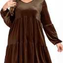 Women's Velvet Dress Long Sleeve Loose Flowy Swing Tunic Velvet Dress Plus Size Dress with Pocket (Brown, XL)