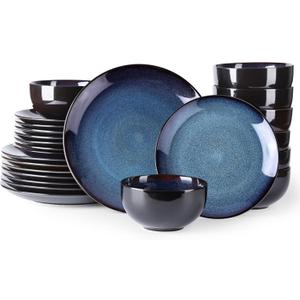 LERATIO Ceramic Dinnerware Sets for 8,Stoneware Plates and Bowls Sets,Handmade Reactive Glaze Dishes Set,Chip Resistant and Scratch Resistant | Oven&Dishwasher & Microwave Safe-Blue(24PCS) (Dreamy Moonlight-Blue)