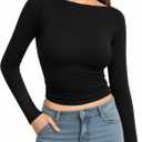 MANGOPOP Long Sleeve Shirts for Women Boat Neck Top Slim Fit T Shirt Tight Tops Tee (Black, L)