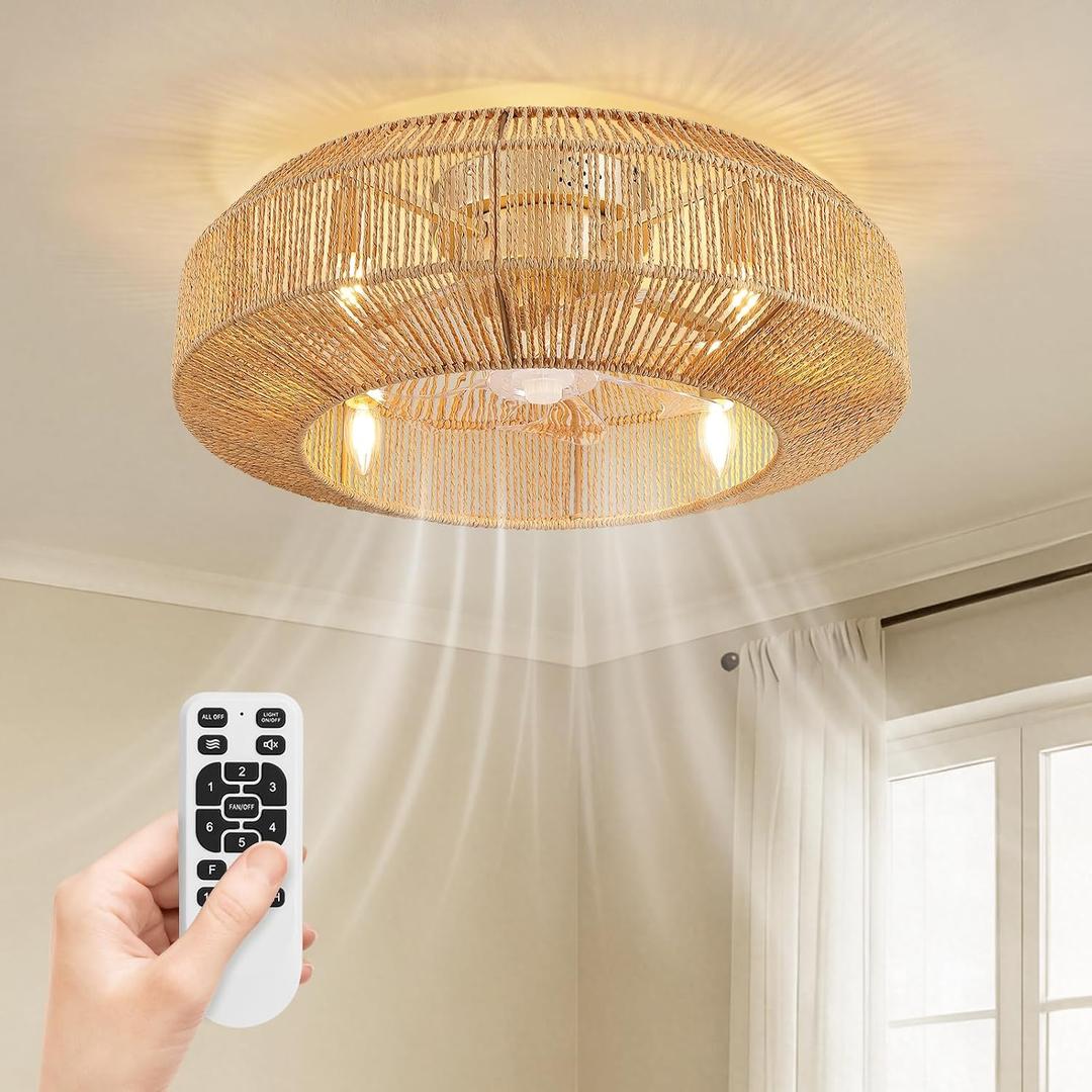 Siljoy 24" Boho Ceiling Fan Light and Remote, Rattan Chandelier Ceiling Fan Light, Gold Caged Fandelier with Lights Flush Mount, 6 Wind Speeds for Bedroom, Living Room, Dining Room, 23.6 Inch