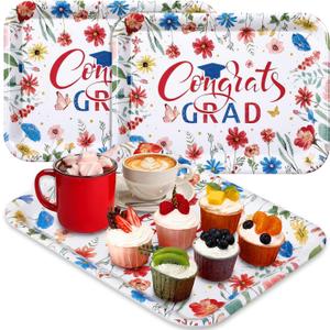 Vesici 3 Pcs Red White Blue Wildflower Graduation Serving Trays 13 x 10 Inch Floral Class of 2026 Congrats Grad Melamine Platters Reusable Rectangular Serving Dishes for Graduate Party Snack Dessert