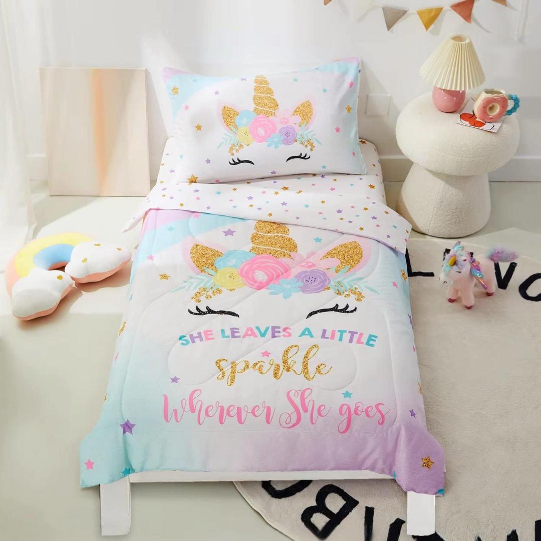 PINNKKU 4-Piece Toddler Bedding Set, Includes 1 Flat Sheet, 1 Fitted Sheet, 1 Comforter and 1 Reversible Pillowcase, Standard Toddler Comforter & Sheet Set, Ultra Soft Toddler Bed Set, Unicorn
