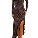 Women's Square Neck Long Sleeve Maxi Dress Floral Bodycon Dresses Print Side Split Dresses Elegant Formal Cocktail Dress (US, Alpha, X-Large, Regular, Regular, Brown Floral)