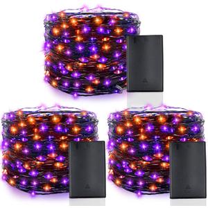 3 Pack Halloween Lights with Timer, Total 50Ft 150LED Black Wired String Fairy Orange Purple Lights Battery Operated Halloween Decorations for Home Garden Yard Party Indoor Outdoor, 16.4Ft 50LED Each