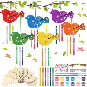 Epakh 16 Set DIY 3D Bird Wind Chime Craft Kits Make Your Own Quetzals Wooden Wind Chime Ornament Summer Arts and Crafts Paint Kits for Spring Vbs Decoration