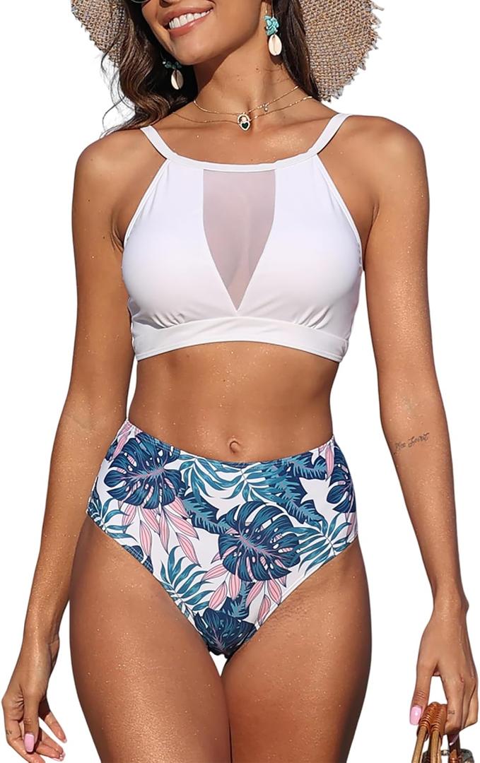 ZAFUL Women's Sheer Mesh Bikini Set High Waisted Tummy Control 2 Piece Tankini Swimsuit Bathing Suit(AG-White,M)