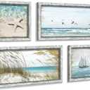 Beach Framed Wooden Pictures Wall Art: Coastal Art Set of 4 Seascape Prints Starfish Pictures Ocean Artwork for Bedroom Overall 36"W x 24"H