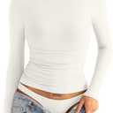 EasyGala Womens Double Lined Long Sleeve Shirts Crewneck Ruched Top Tight Fitted Basic Tee Fall Going Out Outfits 2026 (White, L)