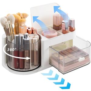 Makeup Organizer, 360-Degree Rotating Desk Organizers with Lid, Cosmetic Display Case with Drawer, Art Supply Storage Box Caddy for Office Desk, Vanity, Countertop, Bathroom, White