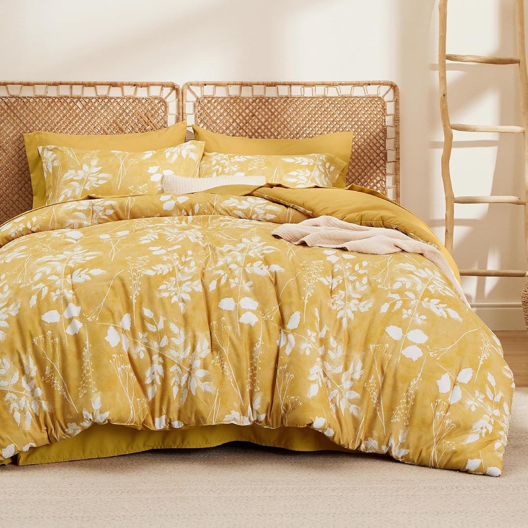 Bedsure Queen Comforter Set - 7 Pieces Floral Yellow Soft Bedding Sets, Queen Bed in a Bag with Botanical Flowers Comforter, Sheets, Pillowcases & Shams (15 - Yellow)