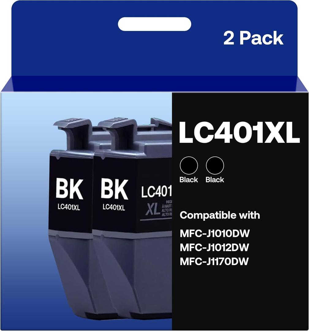 LC401XL Black Ink Cartridges Compatible for Brother LC401 LC401XL High Yield Work with Brother MFC-J1012DW MFC-J1170DW MFC-J1010DW Printer (2 Black)