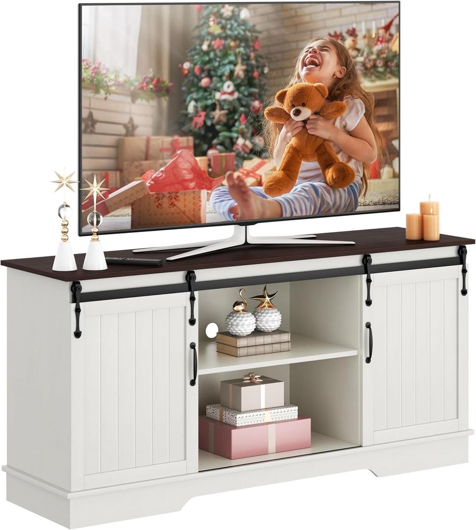 Yaheetech TV Stand for 65 Inch TV, Farmhouse Entertainment Center with Sliding Barn Doors, TV Media Console for Living Room, White & Espresso (58  16  28 in)