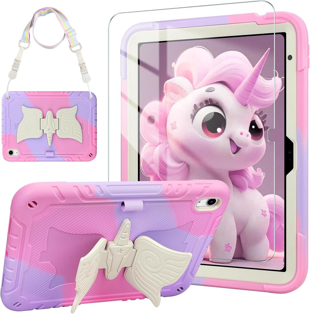 VOFUOE for iPad A16 Case 11th Generation 2025, for iPad 10th Generation Case 2022 10.9 Inch for Kids with Screen Protector Shoulder Strap Unicorn Stand Pencil Holder Hard Protective Cover-Purple Pink