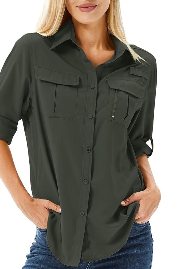 Women's UPF 50 Long Sleeve UV Sun Protection Safari Shirts Outdoor Quick Dry Fishing Hiking Travel Shirts Green XS
