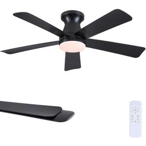 46" Low Profile Ceiling Fans with Lights and Remote, Black Indoor Ceiling Fan Light with Quiet Reversible DC Motor,Modern Flush Mount Ceiling Fans with Dimmable LED for Bedroom Kitchen