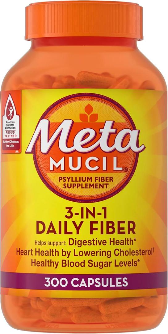 Metamucil, Fiber Capsules, 3-in-1 Psyllium Husk Fiber, 300 Capsules, Daily Fiber Supplement, Help support digestive health*, heart health by lowering cholesterol, and healthy blood sugar levels*., No Bb Date