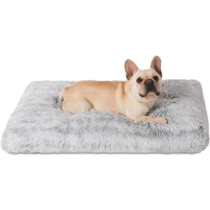 Bedfolks Plush Dog Crate Bed, Washable Cover, Faux Fur Dog Kennel Pad - 35"x23", Grey