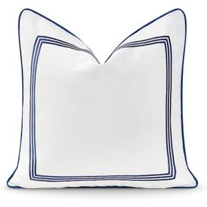 Hofdeco Premium Coastal Hampton Style Patio Indoor Outdoor Pillow Cover Only, 20"x20" Water Resistant for Backyard, Couch, Navy Blue Embroidered Square Line