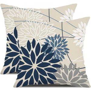 Blue and Gray Floral Pillow Covers 18x18 Set of 2 Outdoor Waterproof White Colored Decorative Throw Pillows Summer Pillowcase Polyester Cushion Case Decor for Couch Patio Funiture Garden Porch 01B18 (Dark Blue Grey)