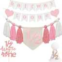 Baby First Birthday Party Decorations First Highchair Banner For Baby Boys Blue High Chair Banner Crown Cake Topper Baby Photo Banner 1st Birthday Photo Backdrop (1/2 Pink)