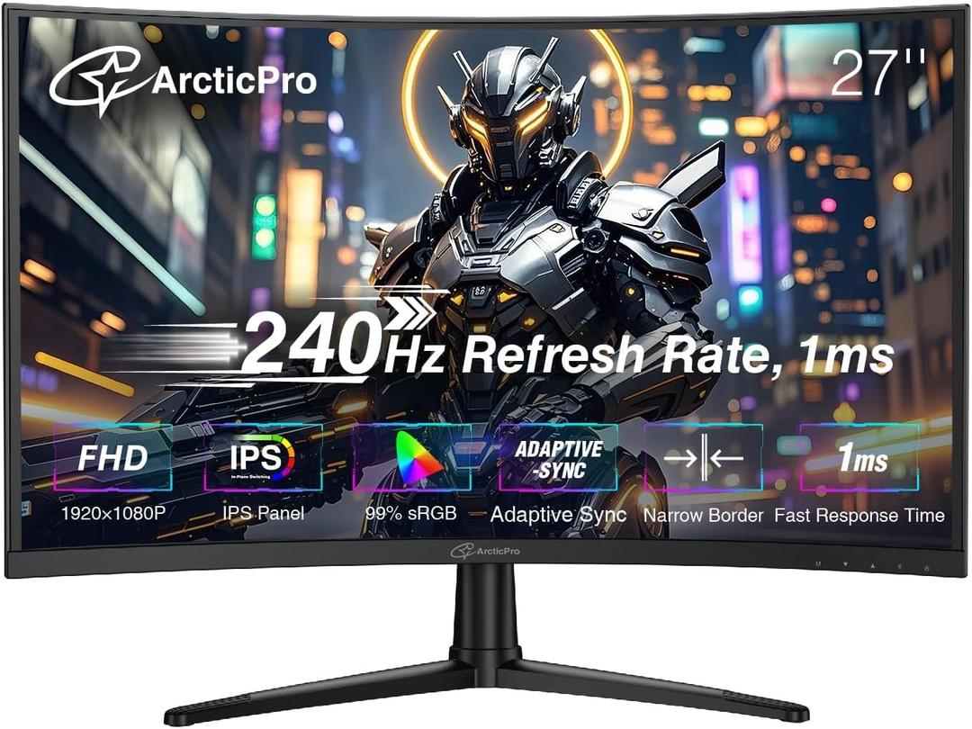 ArcticPro 27inch 240Hz Curved Gaming Monitor, FHD 1080p, 1ms Response Time, 4000:1 Contrast, PC Monitor, Adaptive sync, 3-Sided Frameless, Ultra Slim, 120% sRGB, Bluelight Filter,HDMI & DP Ports