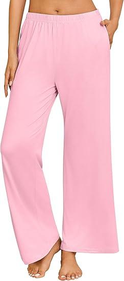 Ekouaer Women's Pajama Pants with Pockets Comfy Casual Wide Leg Yoga Pants Soft Stretch Pajama Bottoms, Medium, Light Pink