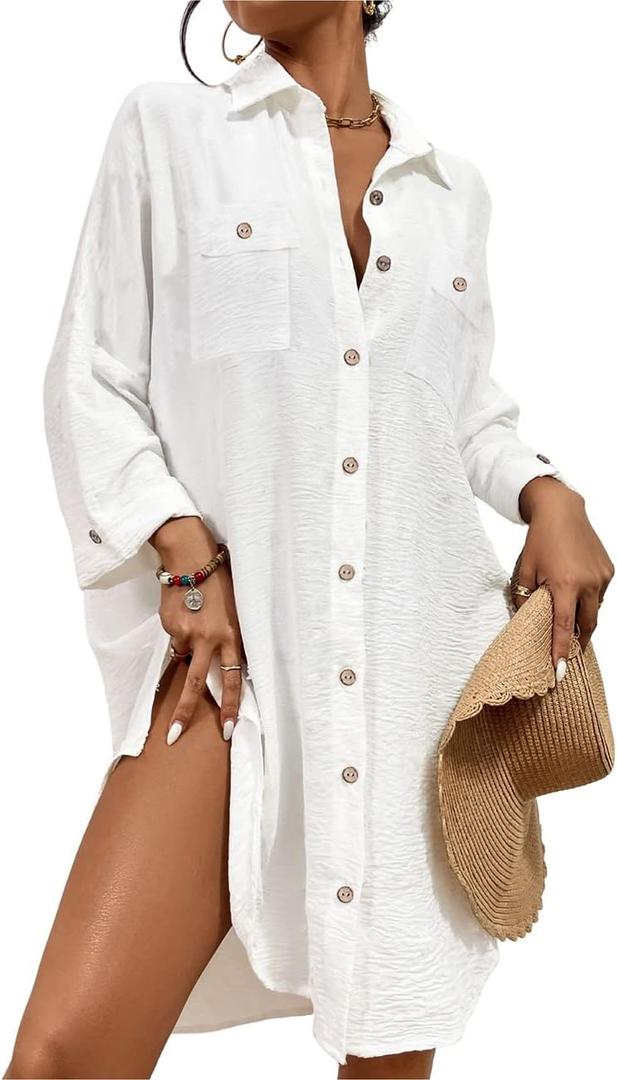 Bsubseach Womens Modern Swimsuit Cover Up Blouse Button Down Shirt Dresses Tops (Large, White)
