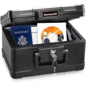 Honeywell Safes & Door Locks - Small Safe Box Chest for Home - Fireproof Safe Holds #10 Envelopes, USB Flash - Strong ABS Plastic - Document, Money Safe with Key Lock System - 0.15 CU, Black - 1101 (4.0 litre) 9.8"D x 12.4"W x 7.3"H