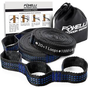Foxelli XL Hammock Straps - Extra Long 20FT Heavy Duty No-Stretch Suspension System, 40+2 Loops, 2000 LBS Capacity, for Indoor/Outdoor Use  Set of 2 Straps & Carry Bag
