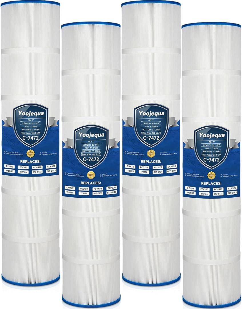 Yoojequa PCC130 Pool Filter Cartridge Compatible with C-7472, Clean and Clear Plus 520, CCP520, R173578, 178585, 817-0143, FC-1978, FC-6475, 160332, 4 x 125 Sq. Ft Pool Filter Cartridge, 4 Pack