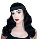morvally 50s Vintage Medium Length Black Wigs with Bangs | Natural Wavy Synthetic Hair Wig for Women Cosplay Halloween