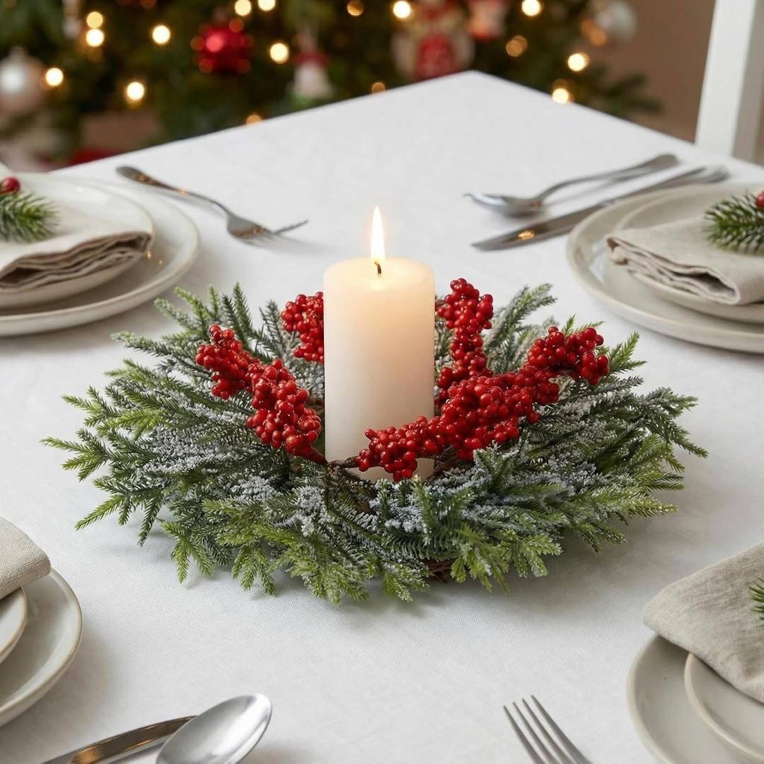 4 Pcs Christmas Candle Rings Wreath Artificial Garland with Red Berry Mini Christmas Candle Wreath for Table Centerpiece Home Kitchen Cabinet Windows Front Door Decor (Guest-Greeting Pine)