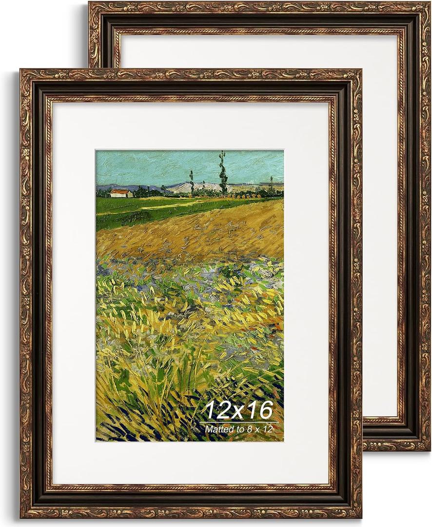 12x16 Picture Frame, Ornate Embossing Frame with Paper Mat and Plexiglass, Fit for 12x16 without Mat or 8x12 with Mat, Wall Mounting Display for Art Prints, Bronze and Antique Gold, 2 Pack