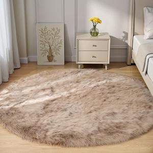 Goolela Circle Area Rug 6ft - Light Brown Beige - Round Fluffy Fuzzy Faux Fur Sheepskin Rug for Bedroom Living Room Furry Shaggy Washable