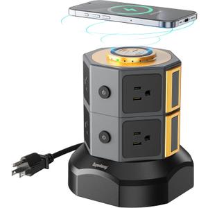 SUPERDANNY Power Strip Tower with 15W Wireless Charger, 6.5Ft Retractable Extension Cord, 1050J Surge Protector, Desktop Charging Station with 8 Outlets 4 USB Ports(2 USB C) for Home, Office, Garage (Gold)