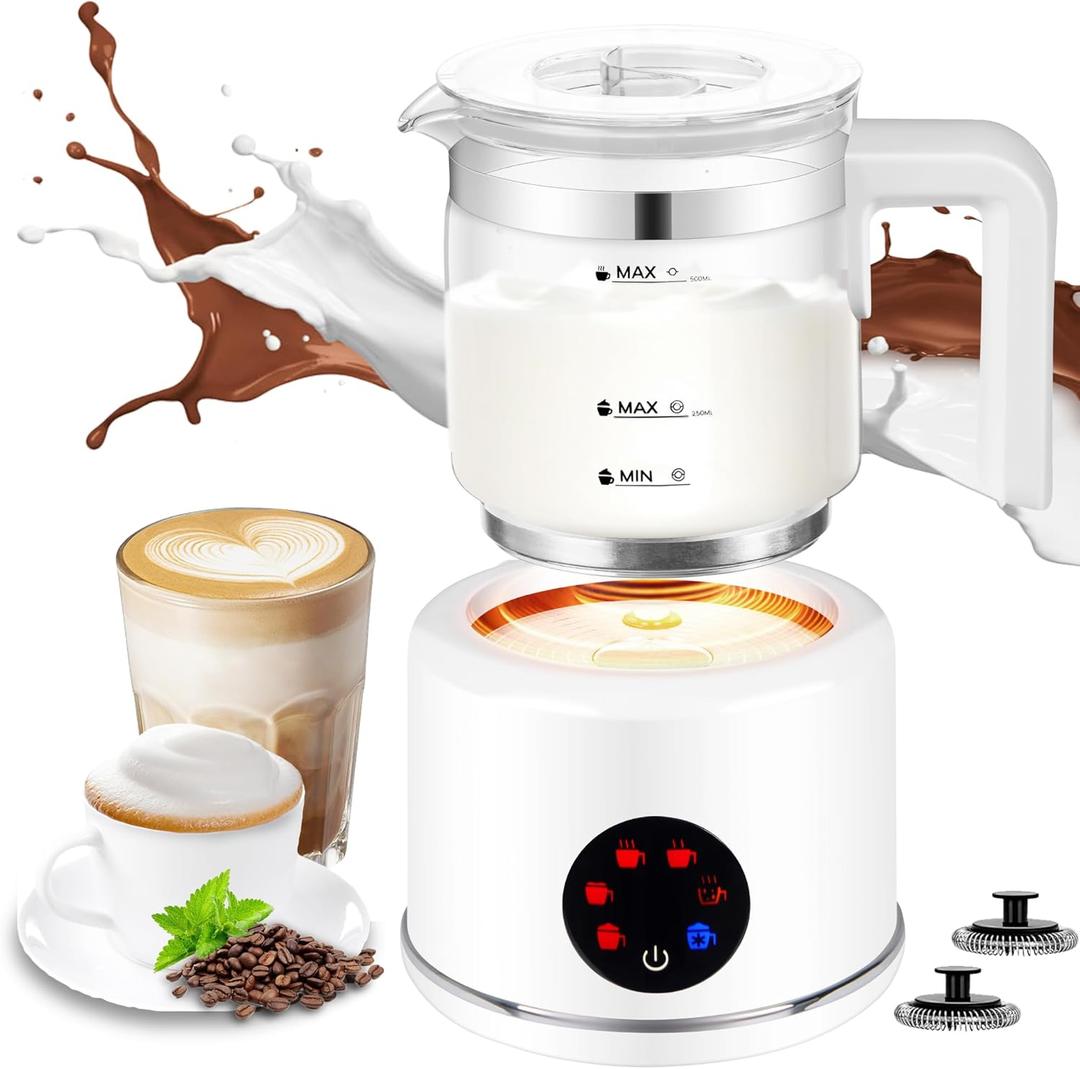 Milk Frother and Steamer, 6 in 1 Milk Steamer and Milk Warmer, 17oz Auto Shut Off Electric Frother with Touch Screen, Hot/Cold Foam Maker for Coffee, Latte, Cappuccino, Hot Chocolate (White)