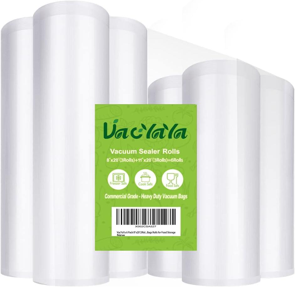 VacYaYa 6 Pack 8"x20'(3Rolls) and11"x20' (3Rolls) Vacuum Sealer Bags Rolls with BPA Free and Heavy Duty,Commercial Grade Vaccume Seal Bags Rolls Work with Any Types Vacuum Sealer