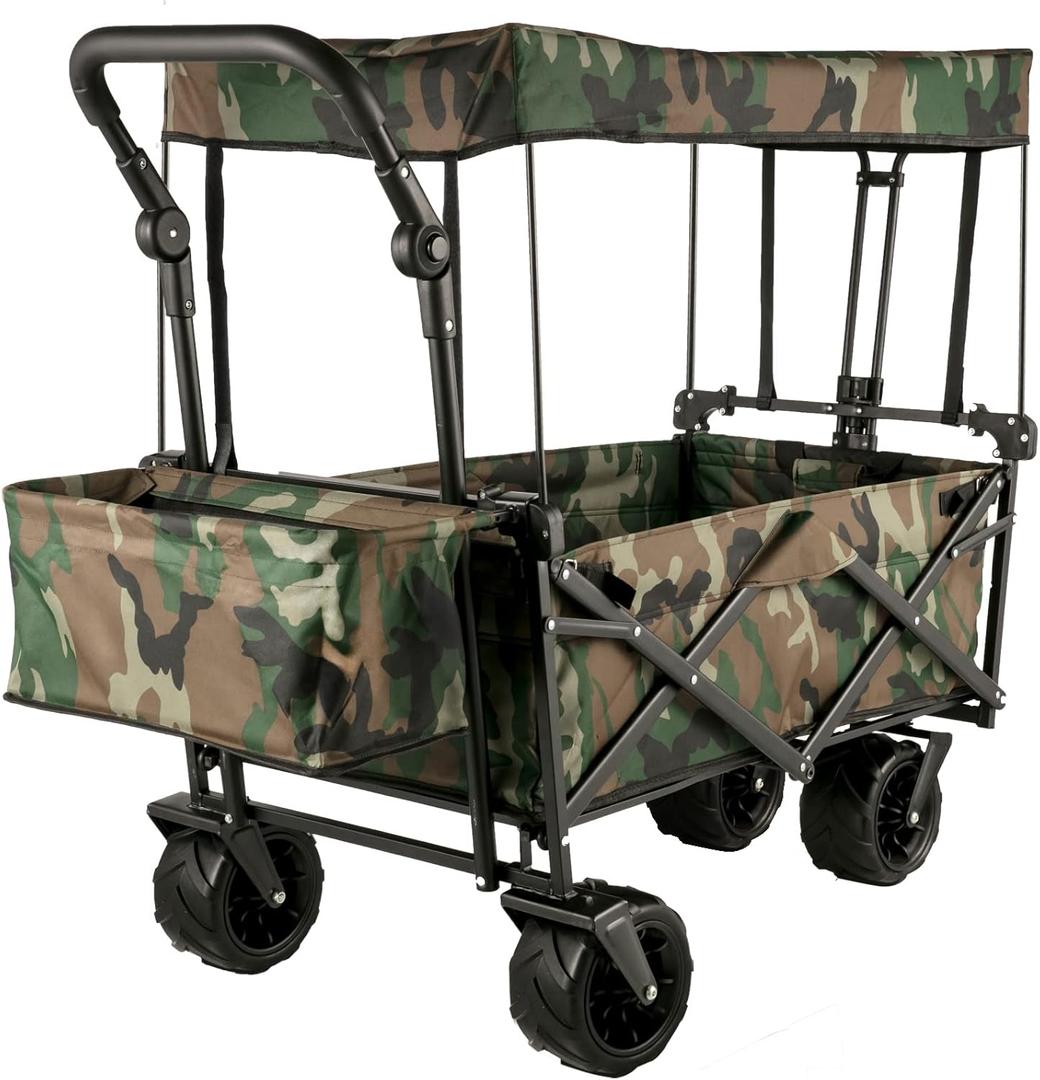 VEVOR Collapsible Wagon with Canopy, 220lbs Foldable Wagon, Beach Wagon Cart with Big Wheels and Canopy with Adjustable Push Pulling Handles (Camouflage)