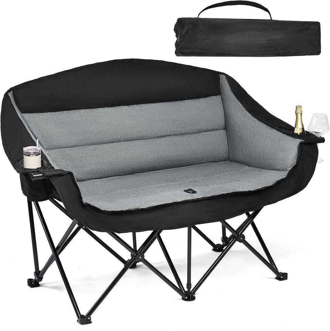 Double Camping Chair Loveseat - 2 Person Oversized Camping Couch for Adults Padded Heavy Duty Outdoor Lawn Beach Portable Folding XL Chairs with Cup Holders and Carry Bag Support 600lbs, Black/Grey