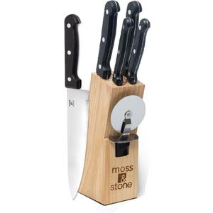 Moss & Stone 7-Piece Kitchen Knife Set with Block  Stainless Steel Serrated Kitchen Knives, High Carbon Blades, Small Cutlery Set for Home Cooking, Compact Countertop Small Knife Set Wood Block