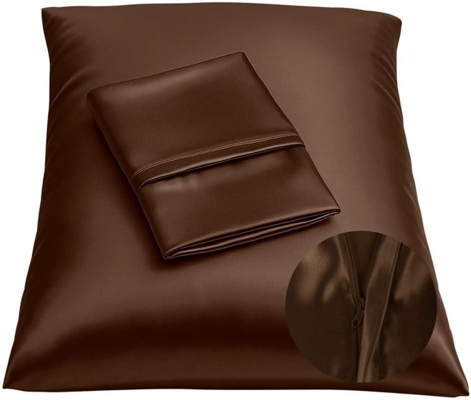 BLISSFORD Brown Satin Pillowcase with Zipper, for Hair and Skin Care, Feels Soft and Cool Like a Silk Pillowcase, Satin Pillow Cases 2 Pack, Slik Pillow Cover, Standard Size, Set of 2