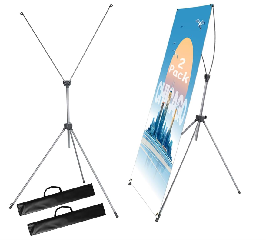 2 Pack X Frame Banner Stand Fits Any Banner Adjustable Size 23"X63" to 32"X78" with Portable Retractable Carrying Bag, Customize Stand for Trade Show Exhibition Market and Store Display,Silver