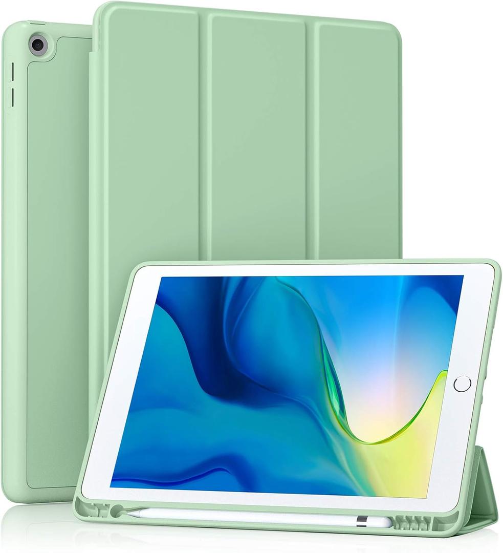 Akkerds Case Compatible with iPad 10.2 Inch 2021/2020/2019, for iPad 9th/8th/7th Generation Case with Pencil Holder, Protective with Soft TPU Back, Auto Sleep/Wake Cover, Matcha Green