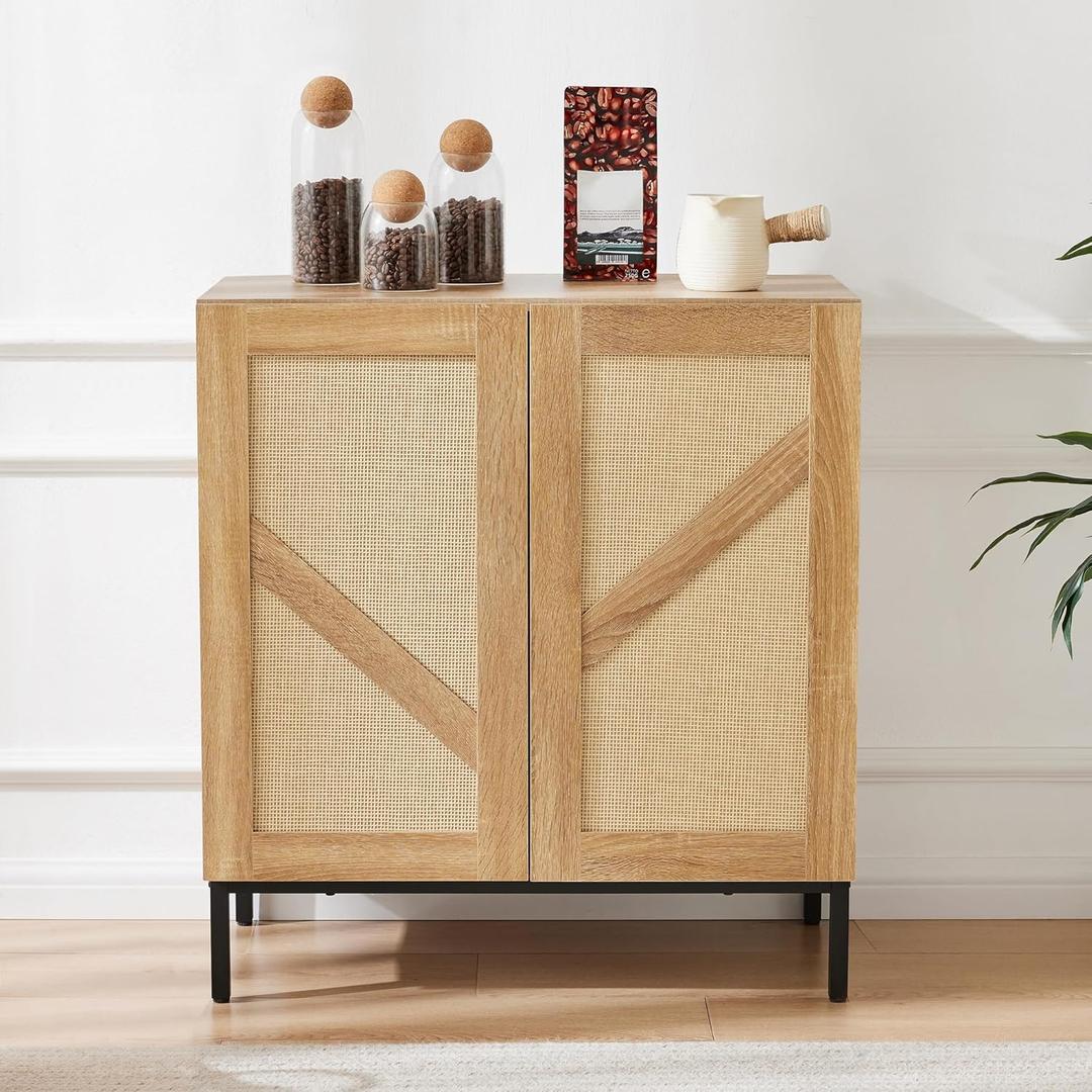 Rattan Buffet Cabinet with Metal Legs, Wood Boho Kitchen Storage Cabinet with Adjustable Shelf, Sideboard with Natural Rattan Doors, Farmhouse Coffee Bar for Livingroom and Dining Room