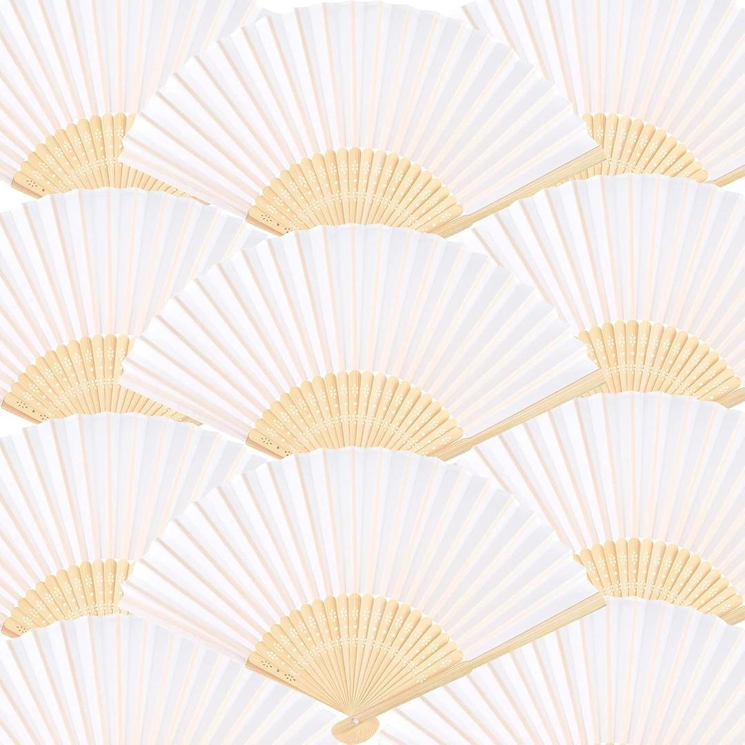 FEPITO 50 Pieces White Handheld Paper Fan Paper Folding Fans with Bamboos for Wedding Gift, Party, Home (1 Count (Pack of 50))