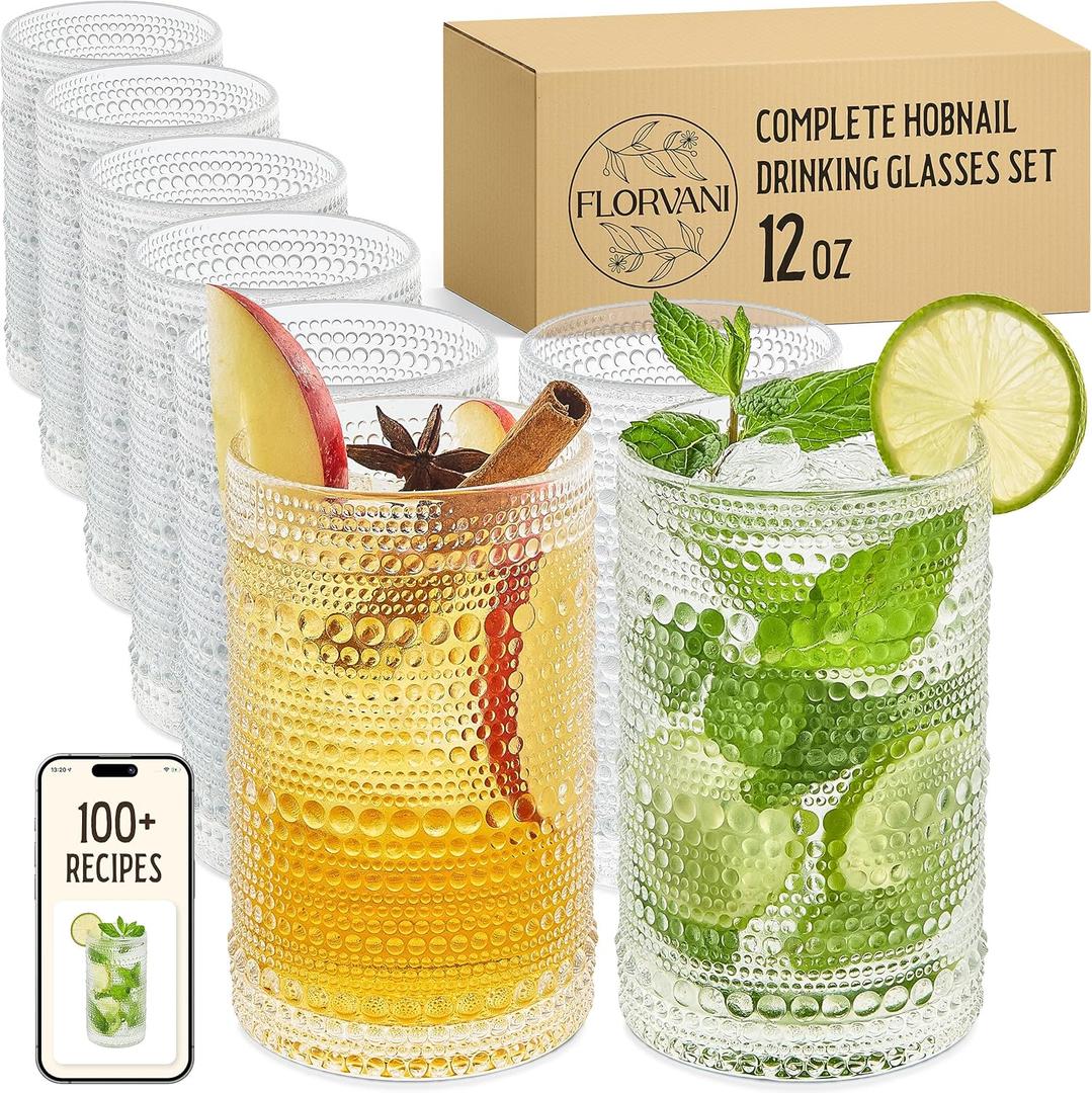 12 Oz Hobnail Drinking Glasses Set of 8 - Clear Multipurpose Glassware Sets, Decorative & Stylish Glasses Drinking Set for Bar, Kitchen, Cocktail Glassware, Garden - Home, Dining, & Kitchen