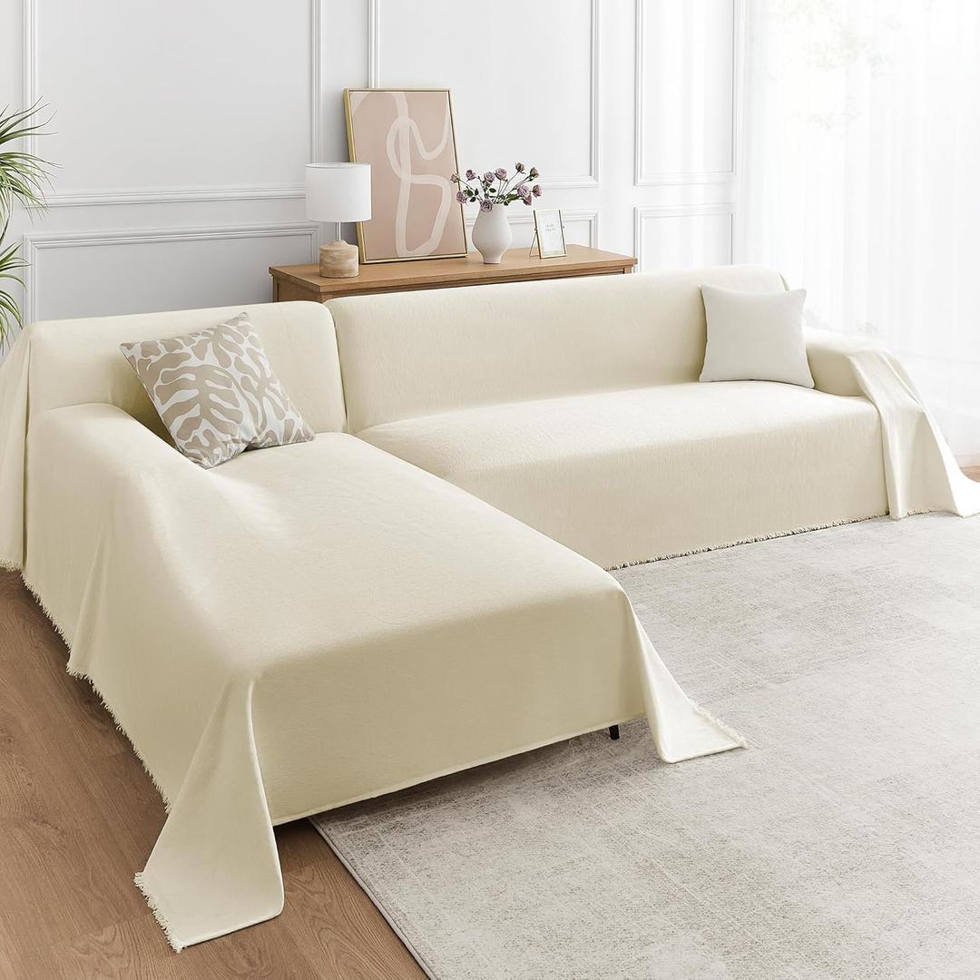 Sectional Couch Covers 2-Piece Set for L-Shaped Sofas, Pet Friendly Washable Furniture Protector, Chenille Couch Blanket Fits 2-3 Cushion Couches(71"x118"+71"x118", Beige)