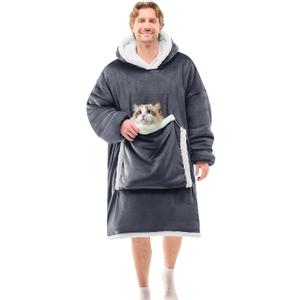 JOYWOO Oversized Wearable Blanket Hoodie,Cat lovers Long Hoodie Blanket for Adult,Birthday Gifts for Women Men Mom,Cozy Fuzzy Sherpa Fleece Sweatshirt Hooded Blanket with Giant Pocket Gifts, Grey