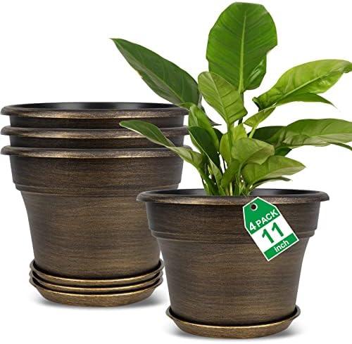 Plant Planters Pots Set of 4 Pack 11 Inch, Plastic Flower Pot for Indoor Plants with Drainage Holes & Trays, Resin Decorative Container Sets with Saucer for House Outdoor Garden Planters Dark Gold
